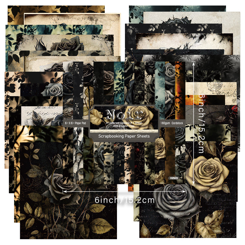 24 black flower-patterned cards with a dark aesthetic, intended for junk journal making and as gifts for DIY enthusiasts.