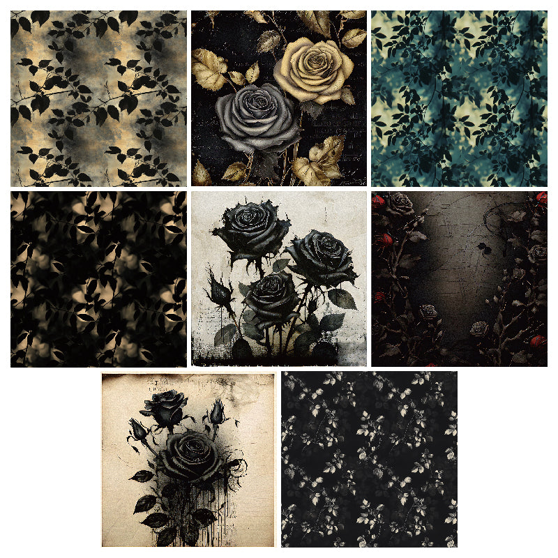 24 black flower-patterned cards with a dark aesthetic, intended for junk journal making and as gifts for DIY enthusiasts.
