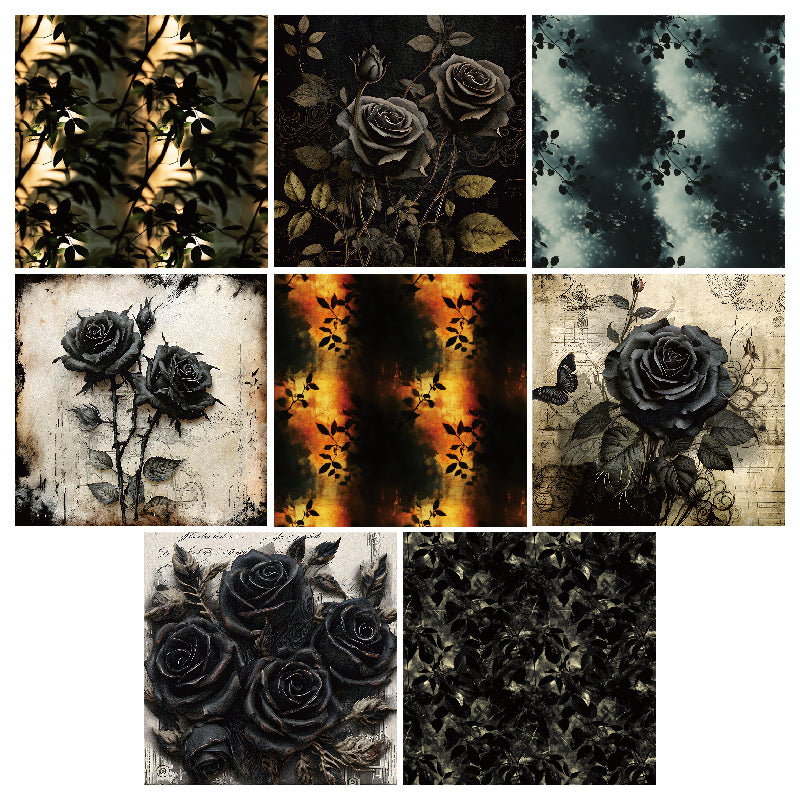 24 black flower-patterned cards with a dark aesthetic, intended for junk journal making and as gifts for DIY enthusiasts.