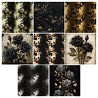 24 black flower-patterned cards with a dark aesthetic, intended for junk journal making and as gifts for DIY enthusiasts.