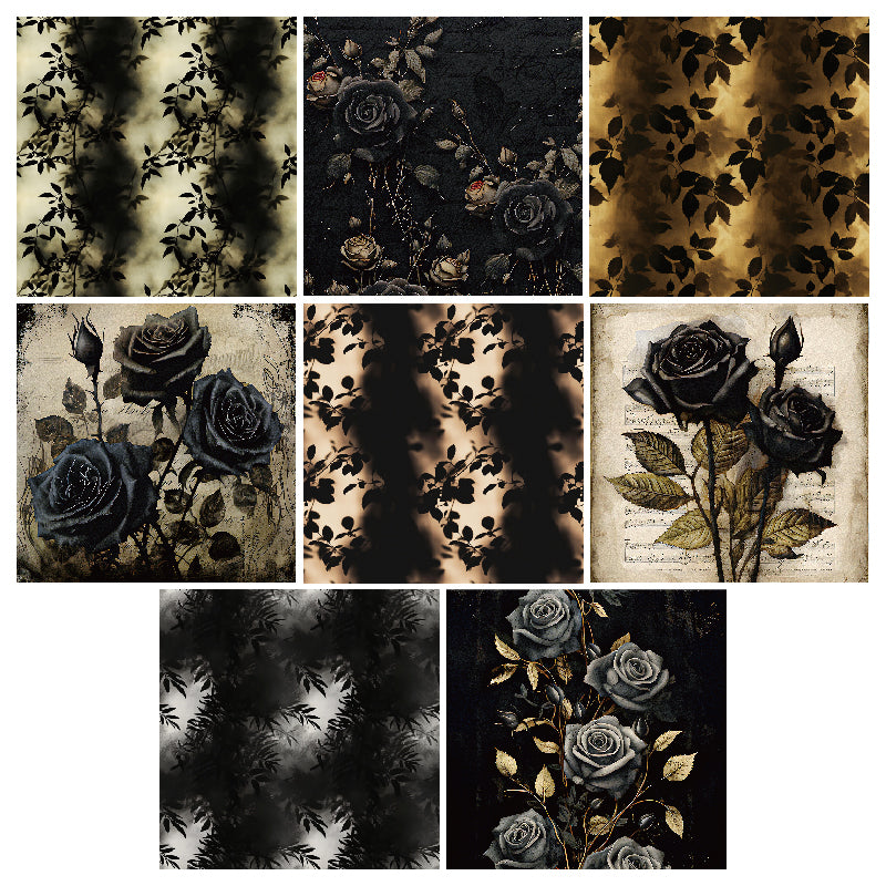 24 black flower-patterned cards with a dark aesthetic, intended for junk journal making and as gifts for DIY enthusiasts.