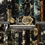 24 black flower-patterned cards with a dark aesthetic, intended for junk journal making and as gifts for DIY enthusiasts.