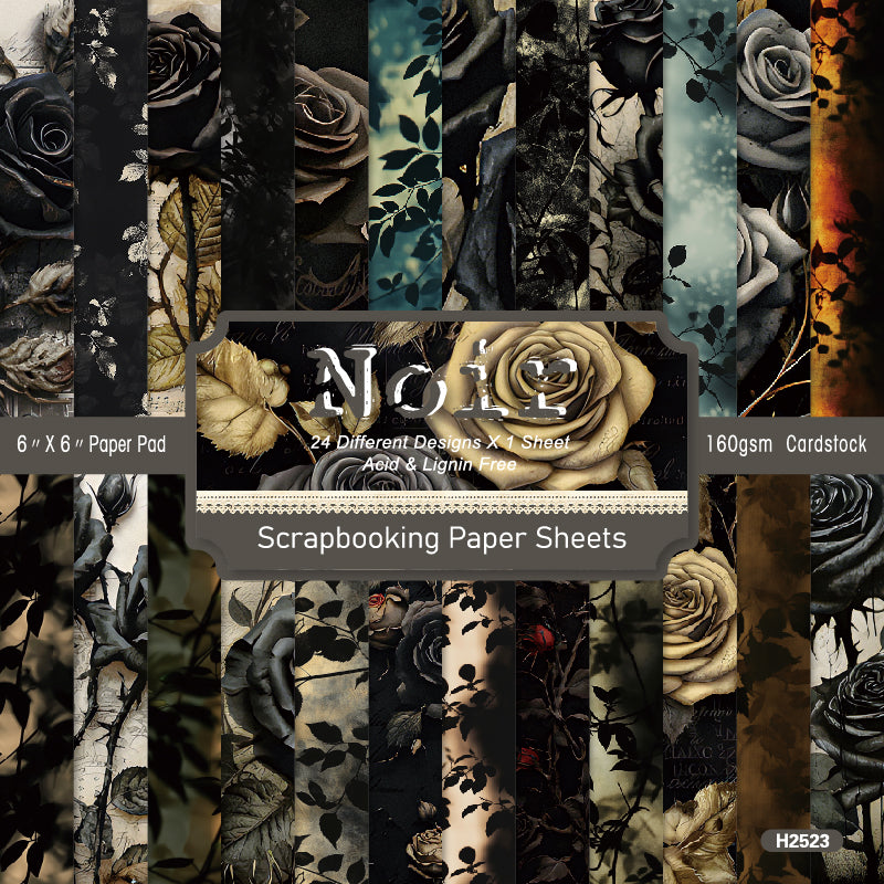 24 black flower-patterned cards with a dark aesthetic, intended for junk journal making and as gifts for DIY enthusiasts.