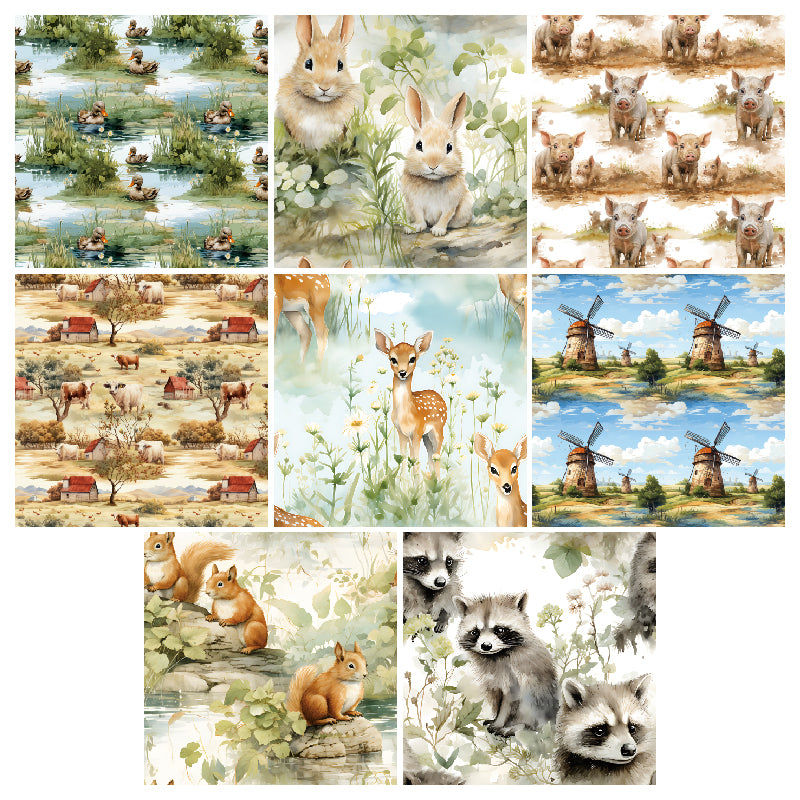 24 pastoral farm-style cards, intended for junk journal/handbook making and as gifts for DIY enthusiasts.