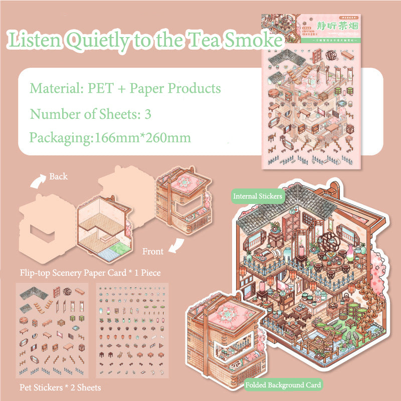 Fusheng Qinghuan Ancient Style Flip-Top Scenery-Sticker Set, 3D Stereoscopic Miniature House, for Notebook Decoration &amp; Creative DIY Scenery-Making