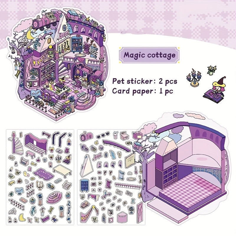 Fairy-Tale Style 3D Scene Collage Sticker Set - Multi-Layered Fantasy Cottage, Creative DIY Notebook Decoration 3D Scenery-Making Supplies