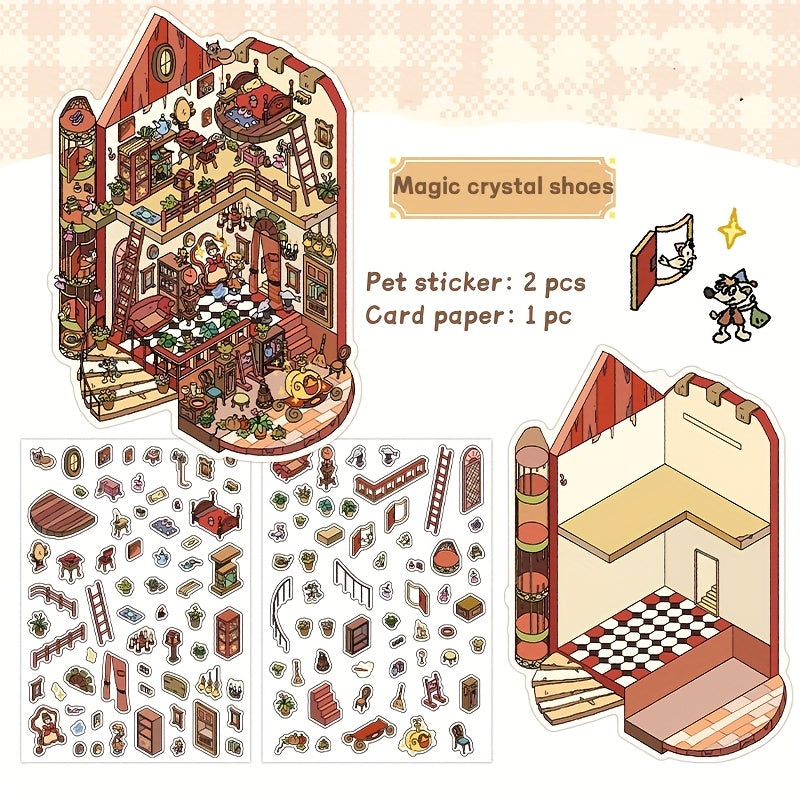 Fairy-Tale Style 3D Scene Collage Sticker Set - Multi-Layered Fantasy Cottage, Creative DIY Notebook Decoration 3D Scenery-Making Supplies