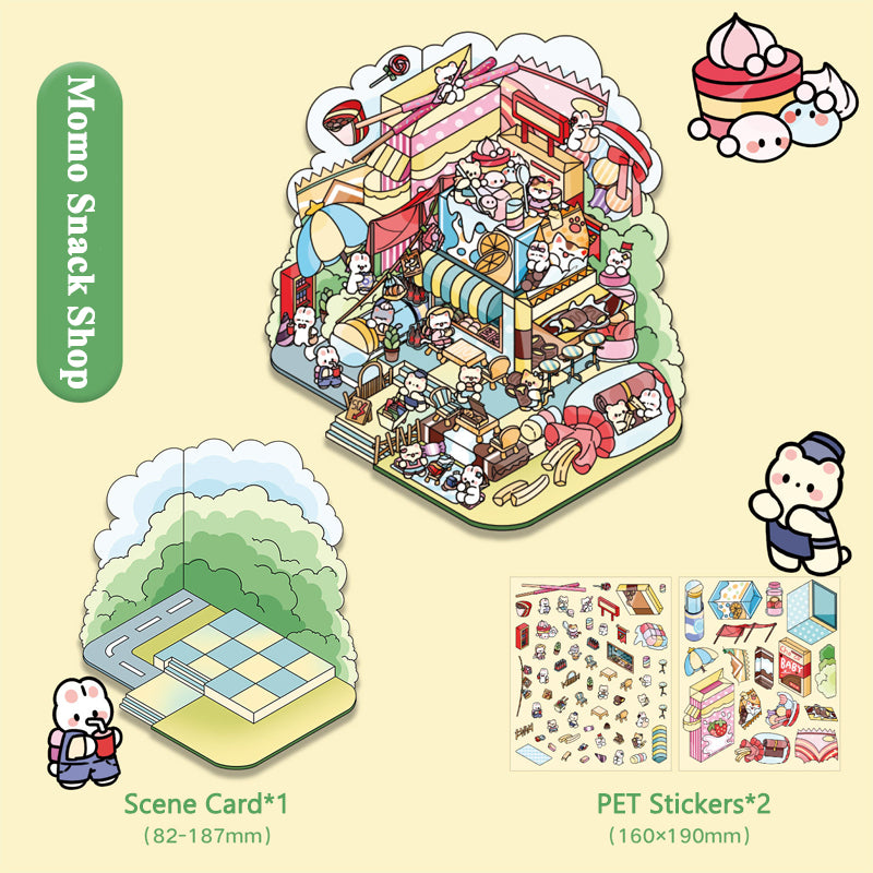 Pegatinas de dioramas de comida callejera, pegatinas de cuentas, pegatinas antiestrés hechas a mano, escenas en miniatura 3D