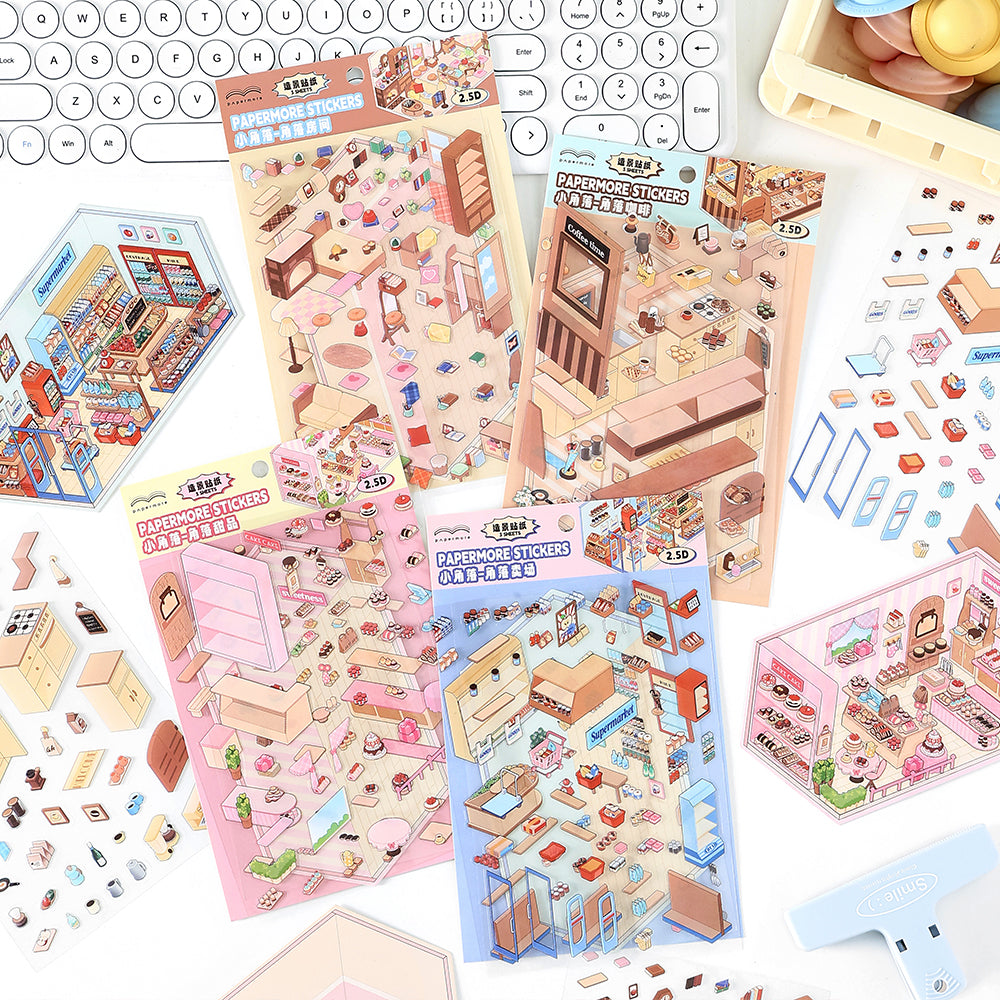 Miniature Scene Corner Shop Theme Sticker Set – 3D Hut Diorama Stickers