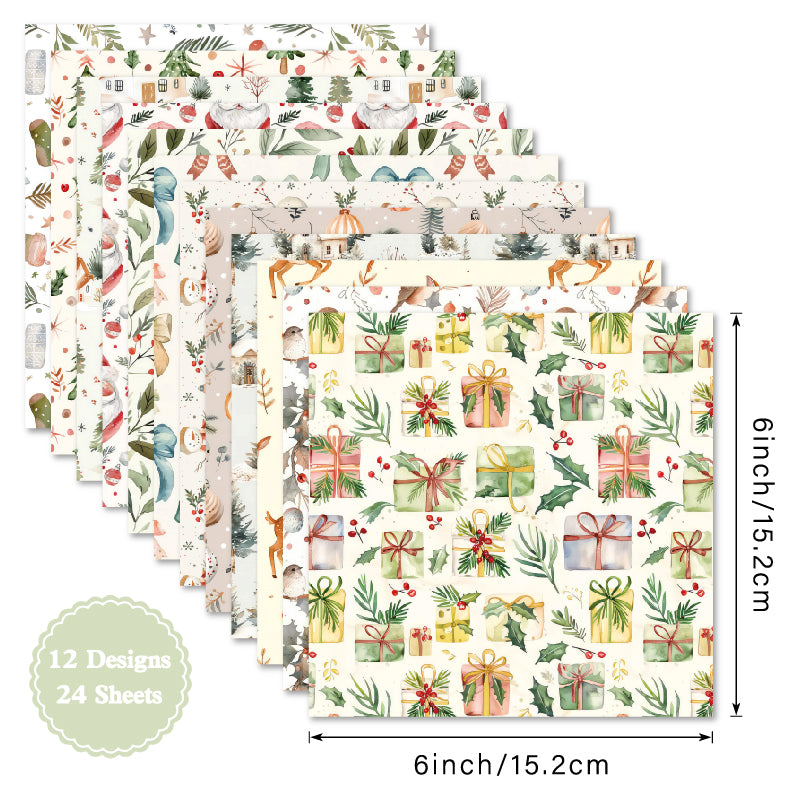 24pcs wintergreen Christmas pattern cards are used for wall decoration and DIY scrapbook decoration.