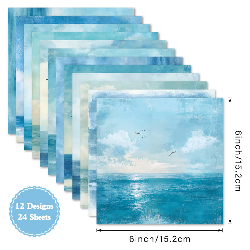 Twenty-four cards with sea and sky patterns are used for wall decoration and as decoration for DIY scrapbooks.