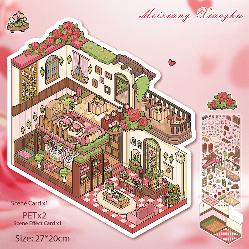 Floral Cottage Landscape Stickers, DIY Mini Courtyard Miniature Scene Collage Toys