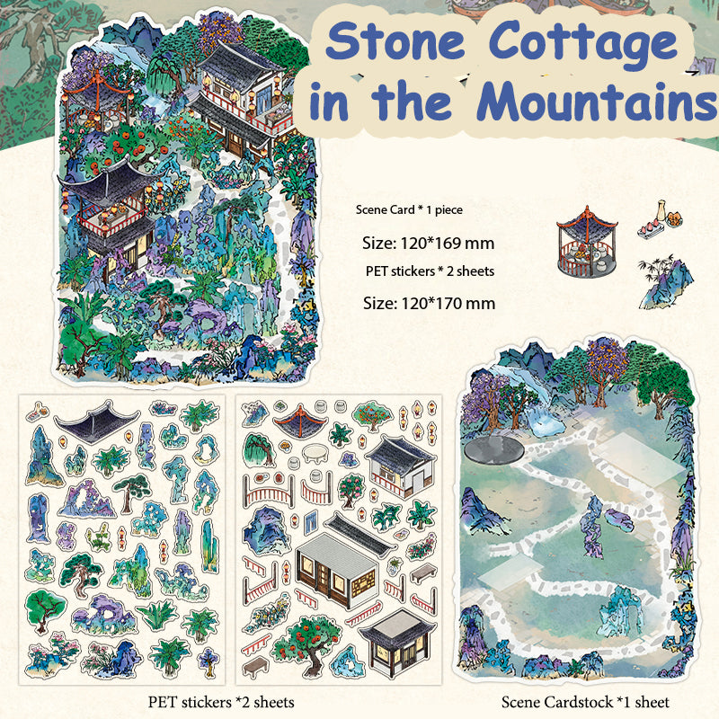 Chinese-Style Landscape Garden Scenery-Making Stickers, Creative DIY Notebook Decoration Multi-Layer 3D Collage Materials