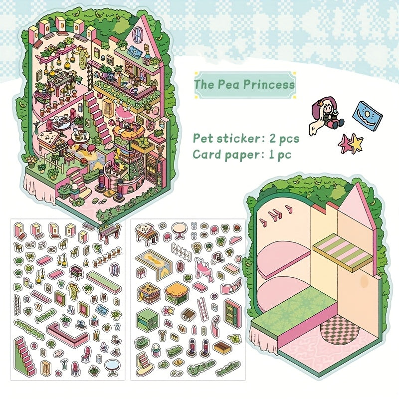 Fairy-Tale Style 3D Scene Collage Sticker Set - Multi-Layered Fantasy Cottage, Creative DIY Notebook Decoration 3D Scenery-Making Supplies